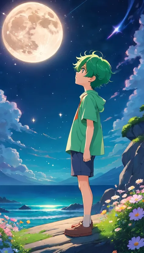 Anime little cute boy with short green hair standing on a rock full of flowers and looking up at the full moon and a sky full of stars,（（（A large whale before the full moon in the sky））） ，Ghibli anime, Art wallpaper 4k, Anime art wallpaper 8 K, Cosmos Sky....