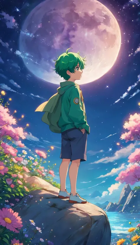 Anime little cute boy with short green hair standing on a rock full of flowers and looking up at the full moon and a sky full of stars,（（（A large whale before the full moon in the sky））） ，Ghibli anime, Art wallpaper 4k, Anime art wallpaper 8 K, Cosmos Sky....