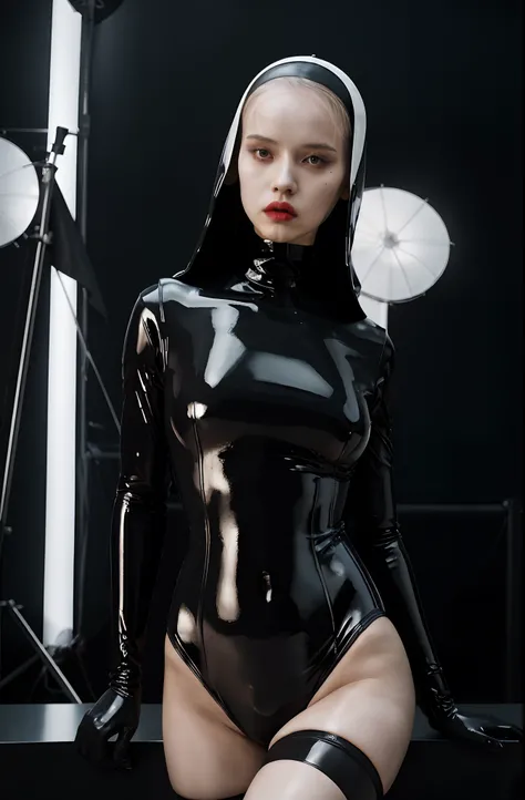 Theres a woman dressed in latex nun costume, latex leotard, latex bodysuit, creepy but sexy nun, latex nun, nun fashion, studio lights, studio photography, fashion photography, editorial fashion, ultra detailed, photorealistic, masterpiece.
