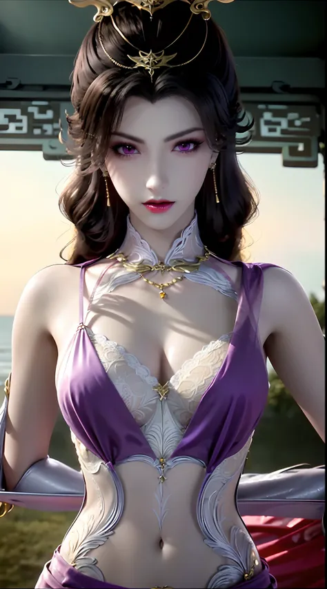 A beautiful sexy 20 year old girl, ((wearing a silk camisole and a very thin and sexy antique dress:1.8)), Extremely voluptuous girl in a small camisole, long hair and purple bangs, most beautiful and detailed hair jewelry, ((wearing a light purple lace ne...