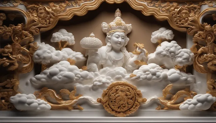 Extreme detail, 8K, hyper qualit, Masterpiece, illustration, Photorealistic, Ultra photo realsisim, intricate sharp details, Dramatic lighting, Classical auspicious clouds, Auspicious clouds made and carved with fine porcelain and white marble,