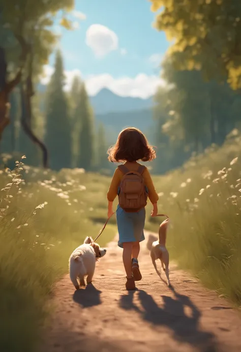 cartoon girl walking with a dog on a trail in a field, small character. unreal engine 5, animation style render, atey ghailan 8 k, childrens art in artstation, adventure hyper realistic render, adorable digital painting, cute 3 d render, cute detailed digi...