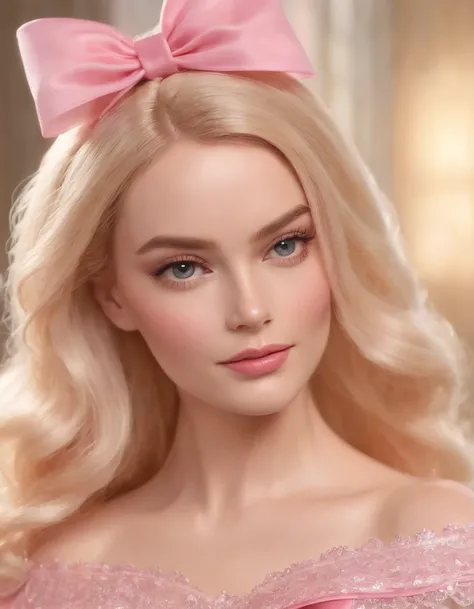 Cinematic scene,, Margot Robbie as Barbie,(photorealistic:1.4),shallow focus,establishing wide shot,1 girl, solo, cute face, (blush,shy:1.3),long eyelashes, (light yellow long soft waves hair:1.2), (huge-pink-bow headdress:1.3), cartoon_portrait, BEAK (The...