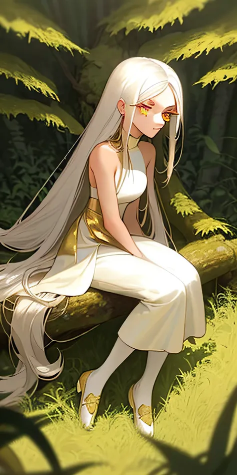 1 shy girl, white hair, golden eye color and white eyelashes, wearing white and golden color dress and white shoes, sitting in the grass in the forest, really long hair