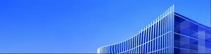 Araved view of the building，There is a clock outside, blue clear skies, rounded architecture, arhitectural shot, blue clear skies, curvilinear architecture, architecture photo, blue clear skies, dynamic blue sky, arhitectural shot, futuristic building, Cle...