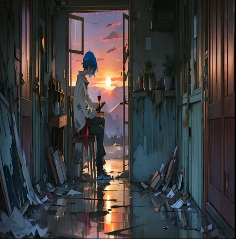 A blue-haired boy（A lone）（distressed）Sit in the hallway（Dilapidated）（Silent），Holding a wine glass in his hand（Overflow of），Look into the distance（In the setting sun），Anime-style，cute big breasts