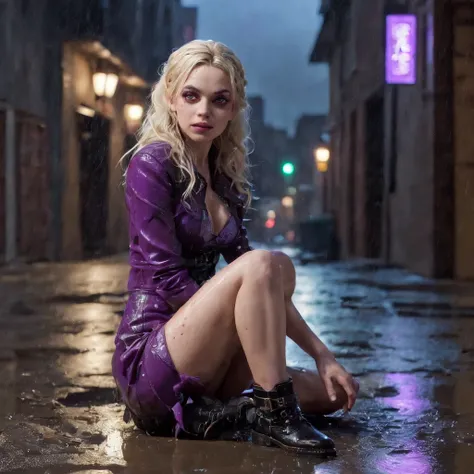 3d, hyper-realistic, sculpture of a Preteen fairy goth Mila Kunis sitting on the floor in an alley, pale skin, long blonde hair, looking messy, dripping makup with a bottle of wine in hand, wearing purple punk boots, (wedding dress garter:1.2), athletic an...