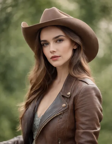 4k hltra hd, mastermiece, best quality, a girl, good face, detailed eyes, detailed lips, long hair, strait hair, wearing cowboy outfit, bare stomach, leather jacket, cowboy hat, blurred background, morning, whole body capture，medium shot