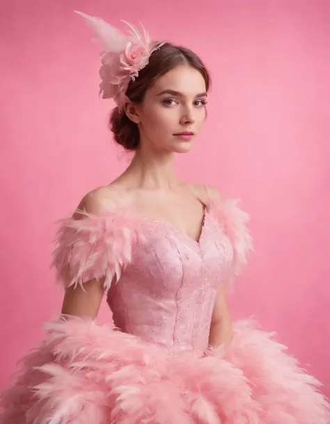 pretty girl in pink dress on pink background, in the style of made of feathers, futuristic victorian, collage-like layering, focus stacking, layered forms, textured fabrics, oversized objects