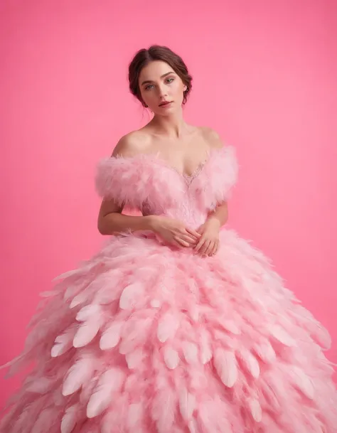 pretty girl in pink dress on pink background, in the style of made of feathers, futuristic victorian, collage-like layering, focus stacking, layered forms, textured fabrics, oversized objects