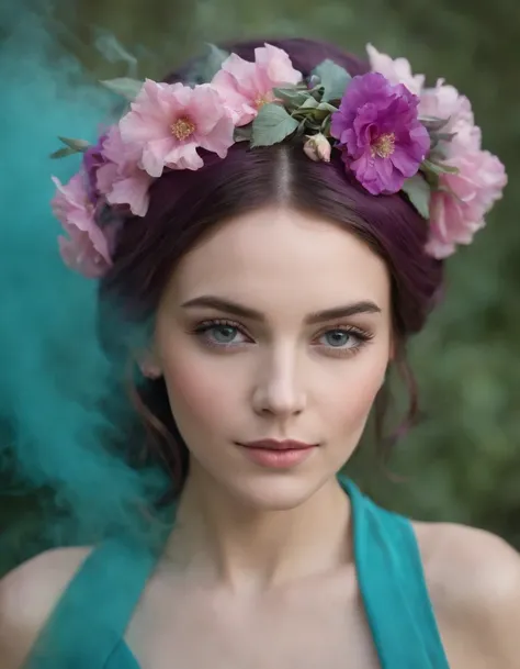 beautiful woman in purple smoke with flowers in her hair, in the style of dark turquoise and light pink, national geographic photo, odd juxtapositions, flickr, matte photo