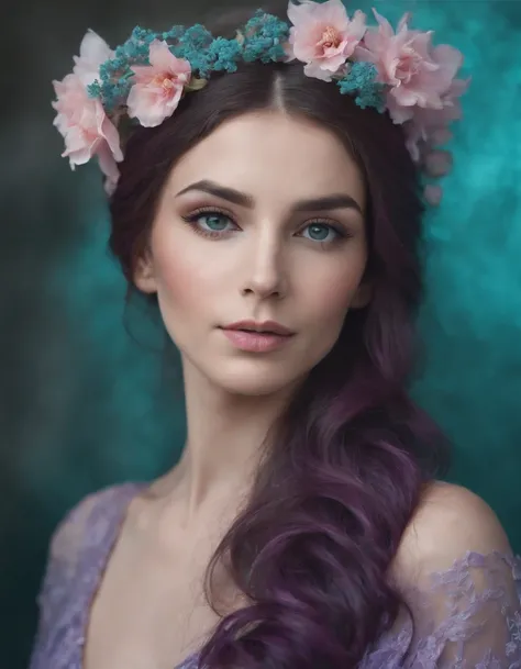 beautiful woman in purple smoke with flowers in her hair, in the style of dark turquoise and light pink, national geographic photo, odd juxtapositions, flickr, matte photo