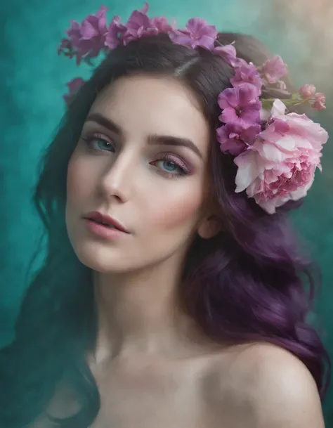 beautiful woman in purple smoke with flowers in her hair, in the style of dark turquoise and light pink, national geographic photo, odd juxtapositions, flickr, matte photo