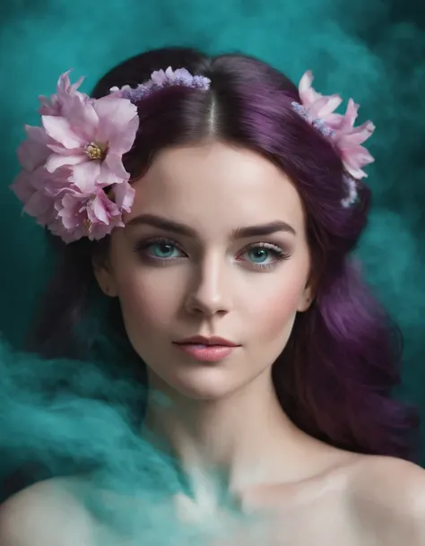 beautiful woman in purple smoke with flowers in her hair, in the style of dark turquoise and light pink, national geographic photo, odd juxtapositions, flickr, matte photo