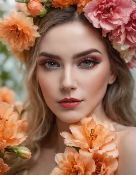 woman with creative fantasy makeup, face surrounded by flowers, close up framing of face, bold color palette, side studio lighting, bokeh style, in the style of ultrafine detail, high quality photo