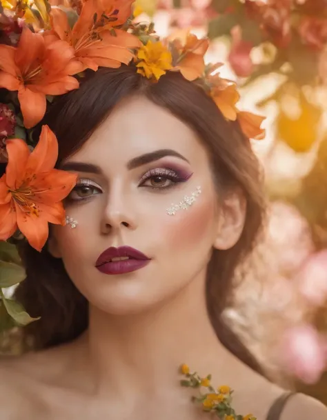 woman with creative fantasy makeup, face surrounded by flowers, close up framing of face, bold color palette, side studio lighting, bokeh style, in the style of ultrafine detail, high quality photo