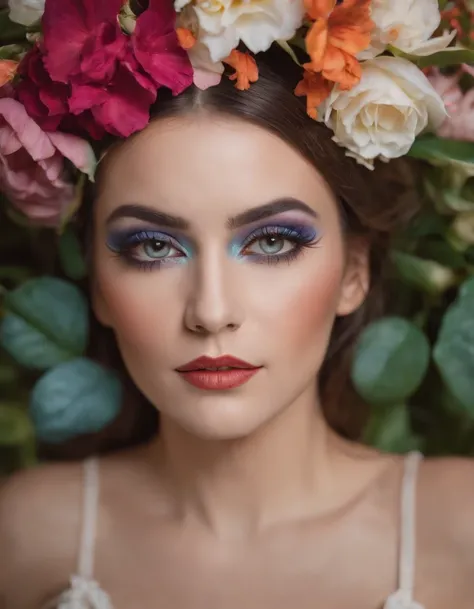 woman with creative fantasy makeup, face surrounded by flowers, close up framing of face, bold color palette, side studio lighting, bokeh style, in the style of ultrafine detail, high quality photo