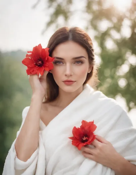 woman with a white blanket blouse, hair painted white, with a red flower in front of her covering one eye and part of her face, natural sunlight, close up framing her face, light colors, bokeh style, in the style of ultrafine detail, high quality photo