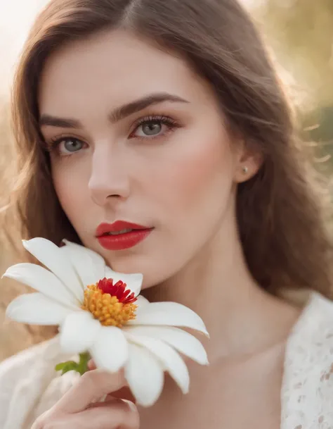 woman with a white blanket blouse, hair painted white, with a red flower in front of her covering one eye and part of her face, natural sunlight, close up framing her face, light colors, bokeh style, in the style of ultrafine detail, high quality photo