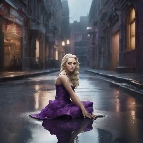 3d, hyper-realistic, sculpture of a Preteen fairy goth Mila Kunis sitting on the floor in an alley, pale skin, long blonde hair, looking messy, dripping makup with a bottle of wine in hand, wearing purple punk boots, (wedding dress garter:1.2), athletic an...