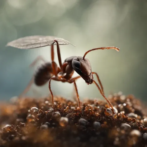 an ant stands on a piece of crystal snowflake dropping from the air