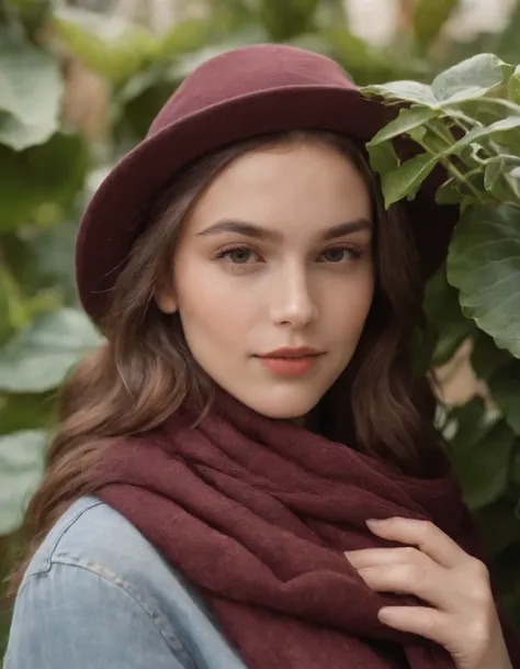 chick in hat with scarf against plants, in the style of dreamy portraits, maroon, candid photography style, honeycore, frayed, floral, normcore