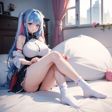 girl, a smile、multicolored hair 、top-quality、​masterpiece、HD image quality、beautiful a girl、a beauty girl、huge tit、Loose Socks、blue eyess、超A high resolution、