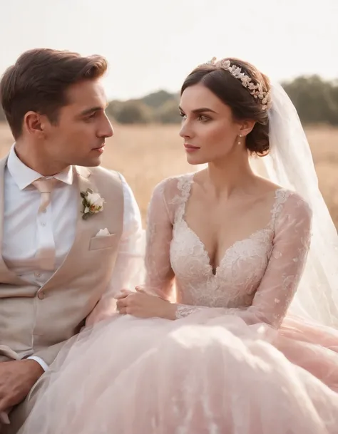 a woman is sitting with a man in her wedding dress, in the style of light red and pink, nature-inspired motifs, close up, gossamer fabrics, Iberê Camargo, pretty, made of butterflies