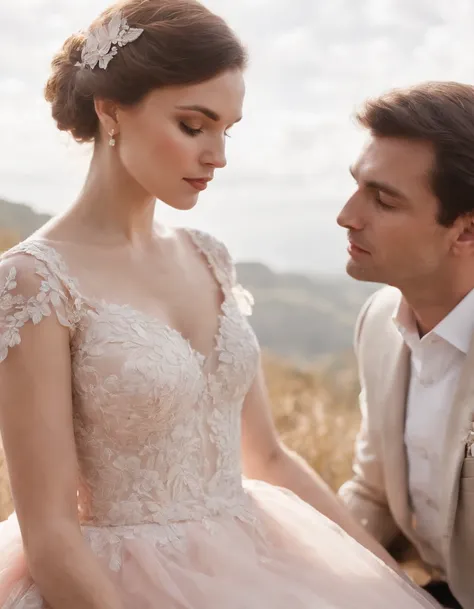 a woman is sitting with a man in her wedding dress, in the style of light red and pink, nature-inspired motifs, close up, gossamer fabrics, Iberê Camargo, pretty, made of butterflies