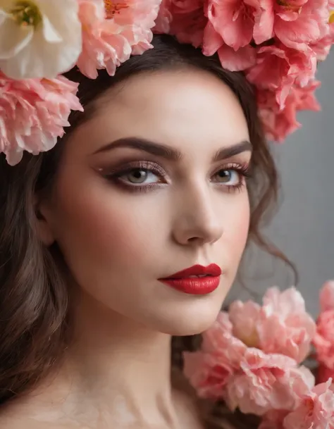 woman with creative fantasy makeup, face surrounded by flowers, close up framing of face, bold color palette, side studio lighting, bokeh style, in the style of ultrafine detail, high quality photo (close-up)