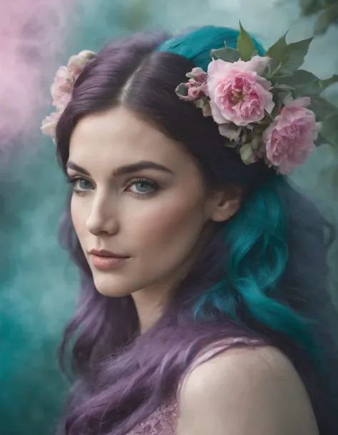 beautiful woman in purple smoke with flowers in her hair, in the style of dark turquoise and light pink, national geographic photo, odd juxtapositions, flickr, matte photo (close-up)