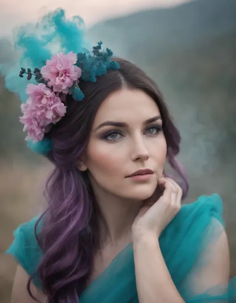 beautiful woman in purple smoke with flowers in her hair, in the style of dark turquoise and light pink, national geographic photo, odd juxtapositions, flickr, matte photo (close-up)