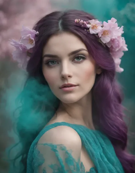 beautiful woman in purple smoke with flowers in her hair, in the style of dark turquoise and light pink, national geographic photo, odd juxtapositions, flickr, matte photo (close-up)