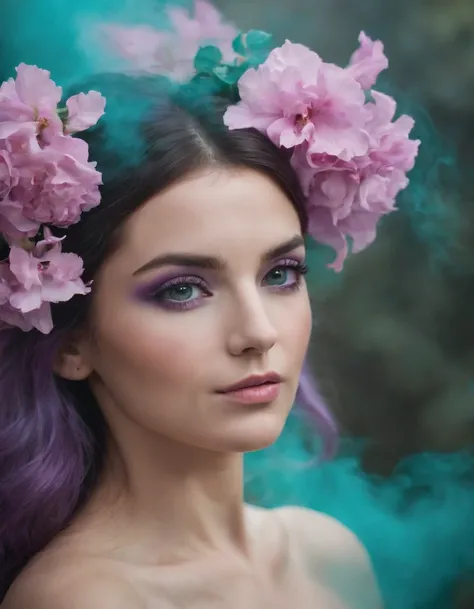 beautiful woman in purple smoke with flowers in her hair, in the style of dark turquoise and light pink, national geographic photo, odd juxtapositions, flickr, matte photo (close-up)