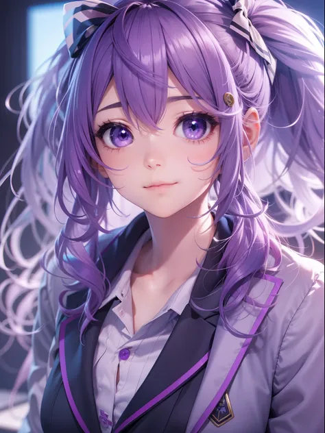 Anime girl with purple hair and purple eyes isolated on black background,3D images、 A smile、Pink hair、best anime 4k konachan wallpaper,The purple color of the hair in the video game Azure Lane, Anime girl with purple hair and purple eyes,3D images、Highly d...