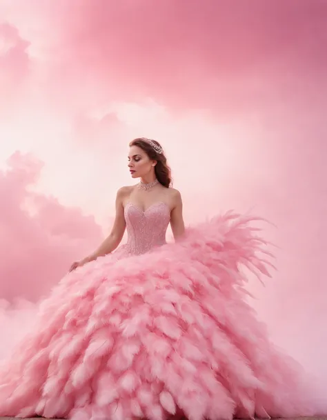 Beautiful girl in pink dress on pink background, style made of feathers, futuristic victorian era, collage style layering, focus stacking, layered form, textured fabric, oversized object, in the clouds, time magazine photography(medium shot)