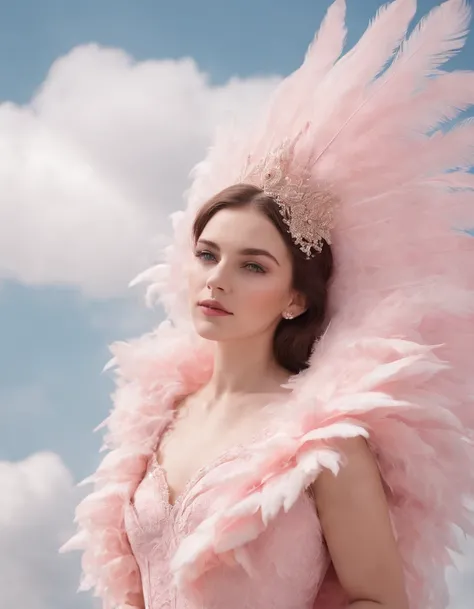 Beautiful girl in pink dress on pink background, style made of feathers, futuristic victorian era, collage style layering, focus stacking, layered form, textured fabric, oversized object, in the clouds, time magazine photography(medium shot)