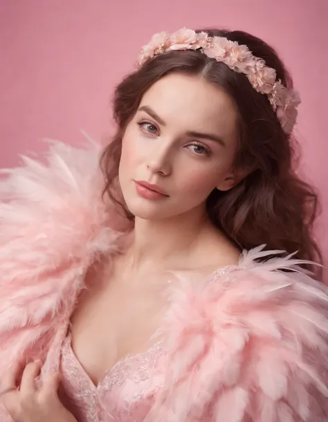 Beautiful girl in pink dress on pink background, style made of feathers, futuristic victorian era, collage style layering, focus stacking, layered form, textured fabric, oversized object, in the clouds, time magazine photography(medium shot)