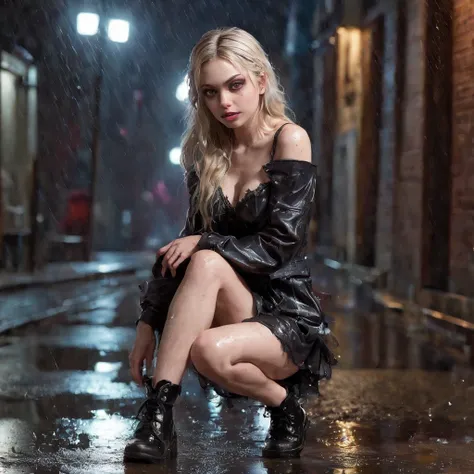 3d, hyper-realistic, sculpture of a Preteen fairy goth Mila Kunis sitting on the floor in an alley, pale skin, long blonde hair, looking messy, dripping makup with a bottle of wine in hand, wearing purple punk boots, (wedding dress garter:1.2), athletic an...