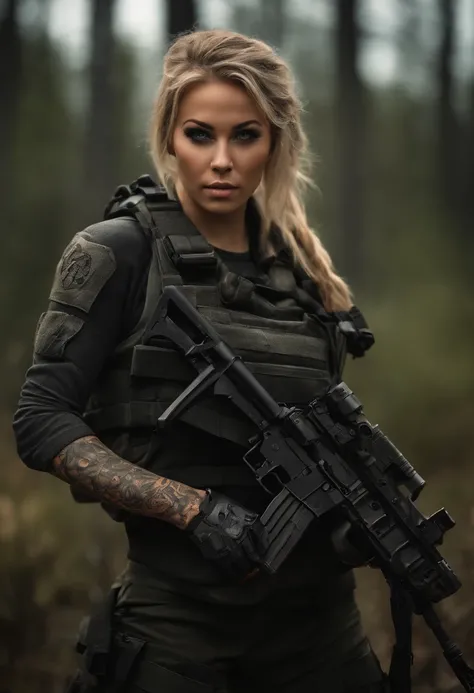 Postapocalyptic combat scene with a Beautiful hyperrealistic photograph of cute Young woman (((with Runic tattoos as a Combat Medic))), ((dirty face Blood splattered)), (((wearing Black Assault mecha armor, combat harness, Neon highlights, holding a assaul...