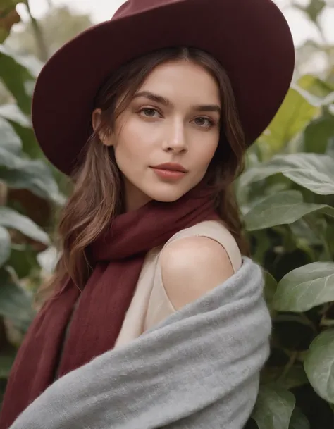 chick in hat with scarf against plants, in the style of dreamy portraits, maroon, candid photography style, honeycore, frayed, floral, normcore (medium close-up)