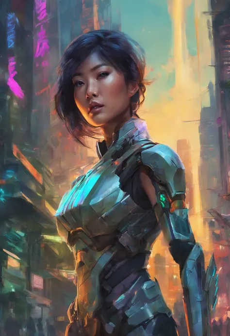 (a determined Asian woman:1.1) (futuristic, lightweight armor:1.2) stands guard over (a lush, vibrant metropolis:1.1), her (big, detailed eyes:1.1) surveying the (solarpunk-inspired:1.1) eco-street with (a fierce determination:1.1). (best quality, 4k, high...