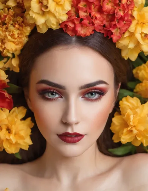 woman with creative fantasy makeup, face surrounded by flowers, close up framing of face, bold color palette, side studio lighting, bokeh style, in the style of ultrafine detail, high quality photo ,(close-up)