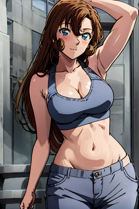 ((masterpiece)),((best quality)),ultra-detailed,illustration,1girl, solo, brown hair, long hair, flower, pants, midriff, crop top, breasts, looking at viewer, cleavage, brown eyes, beach, navel, medium breasts, bikini top, head tilt, knee up, closed mouth,...