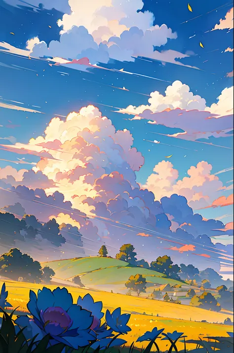 anime landscape of a field with flowers and airplanes in the sky, beautifull puffy clouds. anime, anime clouds, anime countrysid...