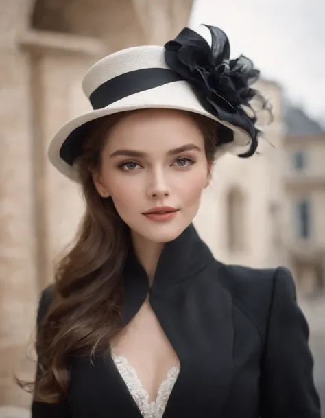 a model wears a black coat and a white hat,beautiful face, in the style of 32k uhd, rococo elegance, vintage-inspired designs, bold curves, ferrania p30, limited color range, magazine cover，upper body 会