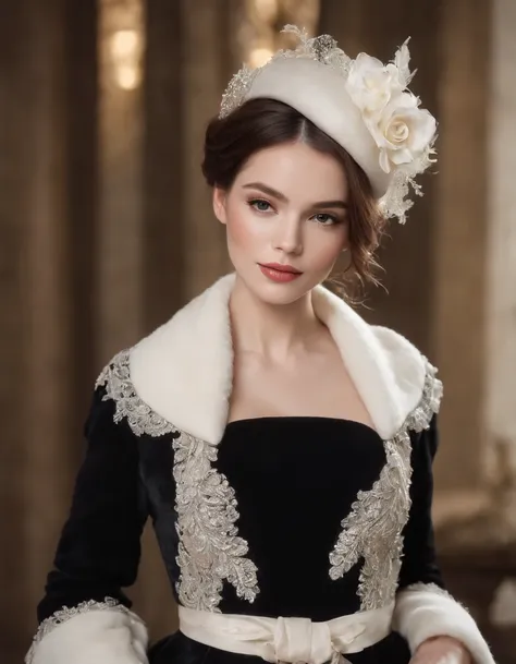 a model wears a black coat and a white hat,beautiful face, in the style of 32k uhd, rococo elegance, vintage-inspired designs, bold curves, ferrania p30, limited color range, magazine cover，upper body 会