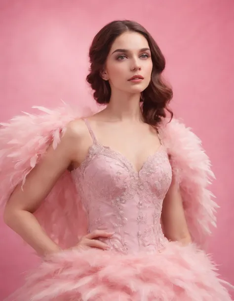 Beautiful girl in pink dress on pink background, style made of feathers, futuristic victorian era, collage style layering, focus stacking, layered form, textured fabric, oversized object, in the clouds, time magazine photography,(upper body)