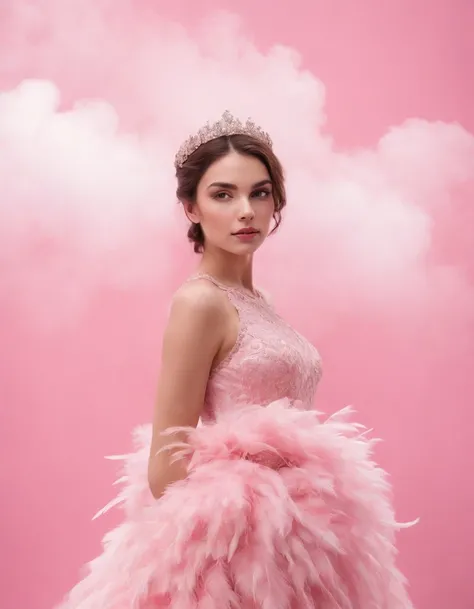 Beautiful girl in pink dress on pink background, style made of feathers, futuristic victorian era, collage style layering, focus stacking, layered form, textured fabric, oversized object, in the clouds, time magazine photography,(upper body)