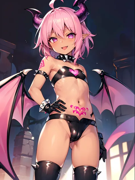 (1 boy:1.2), (Solo:1.2),(Shota:1.5) 、nffsw、Shaders、Brilliant Textured Work、Ultra-detailed eyes、ultra-intricate pupil in eyes、top-quality、Succubus clothes、(Succubus Wings:1.1)、Succubus horns、Succubus Boots、(dark skin:1.4)、((Pink hair))、shorth hair、beautiful...